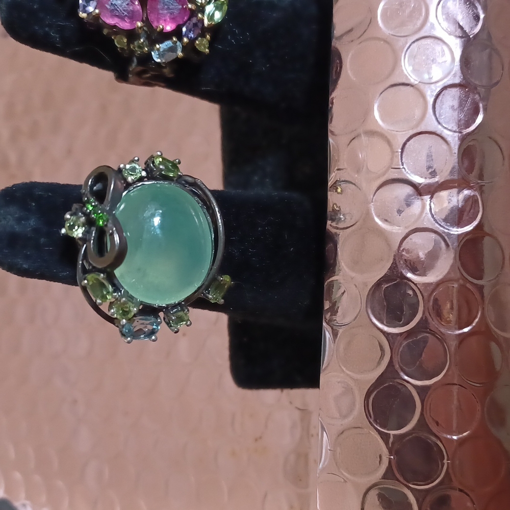 Huge Artist designed size 7 Rhodium wrapped silver ring with Aquamarine Cabochon